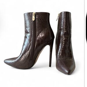 Women’s Chocolate Brown Faux Croc Effect Stiletto Booties, 9